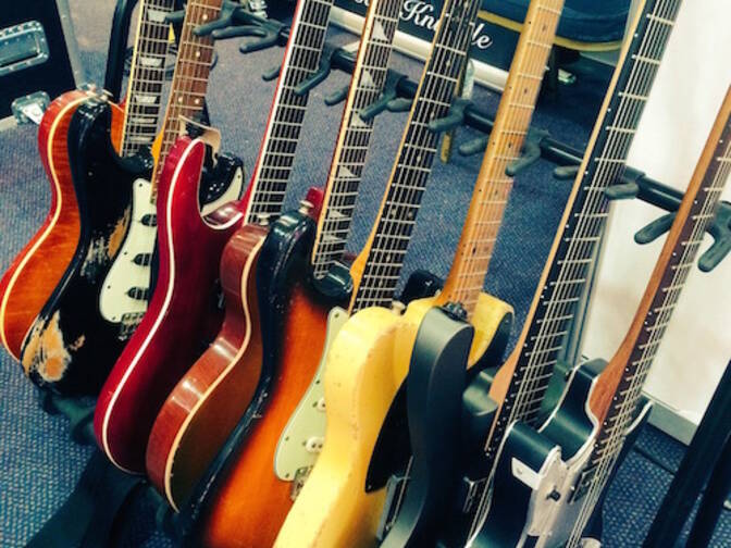 Guitars on show at the Bare Knuckle stand The Guitar Show 2016