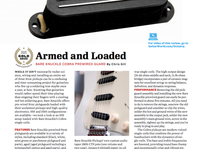 Cobra Strat Prewired Pickguard Wins Gold Guitar World Magazine